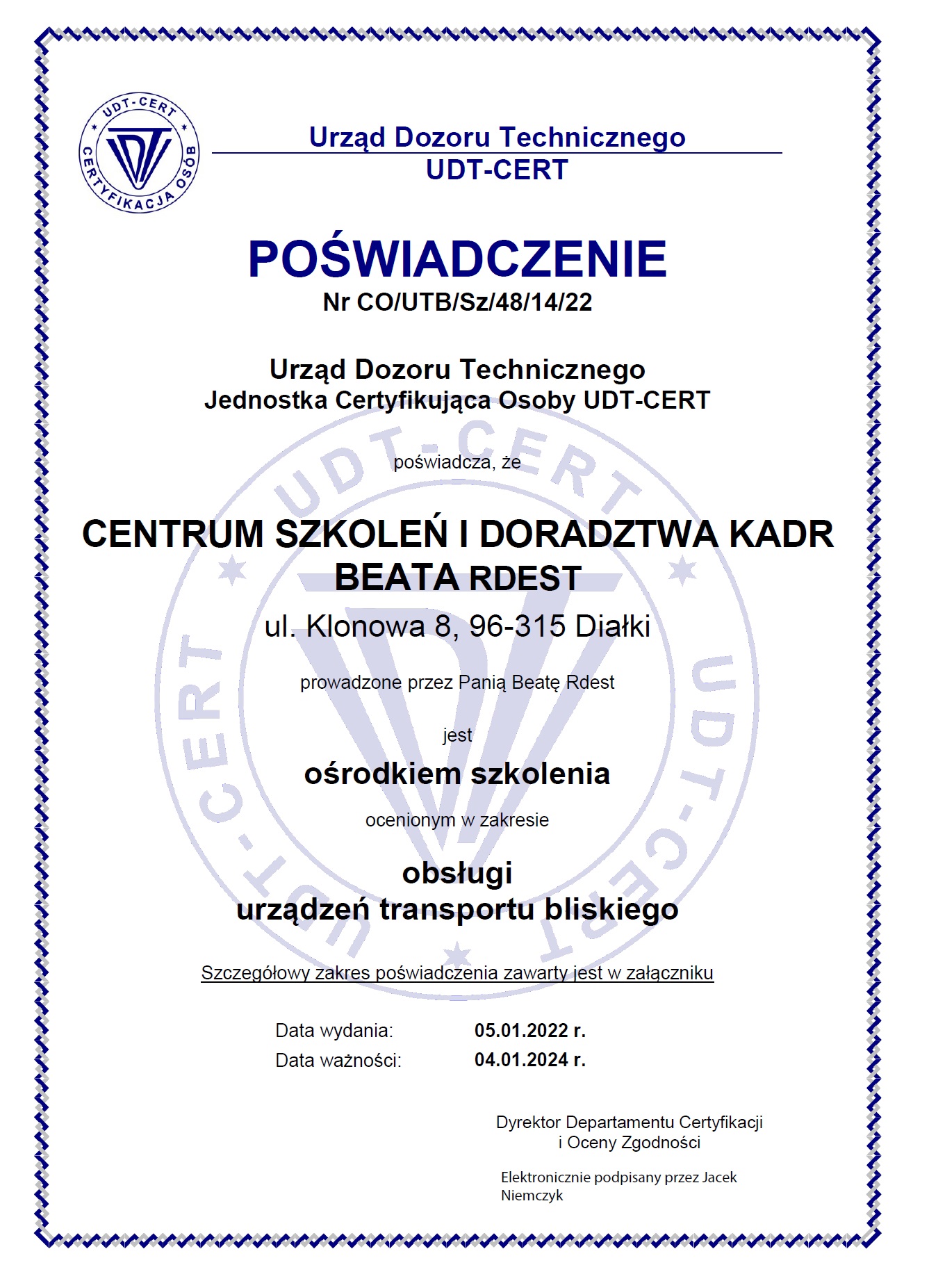 Poświadczenie UDT-CERT